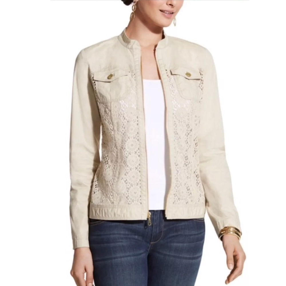 CHICOS Crochet Mix Jacket Coat Tan Beige Full Zip Closure Pockets Lace Basic